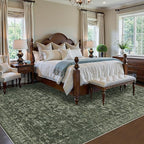 Washable Area Rug 9x12 Green Rugs for Living Room, Vintage Boho Large Rug for Bedroom Dining Room Office, Distressed Floral Print Carpet for Under Table, Soft Non Slip Low Pile Throw Carpet Indoor Mat