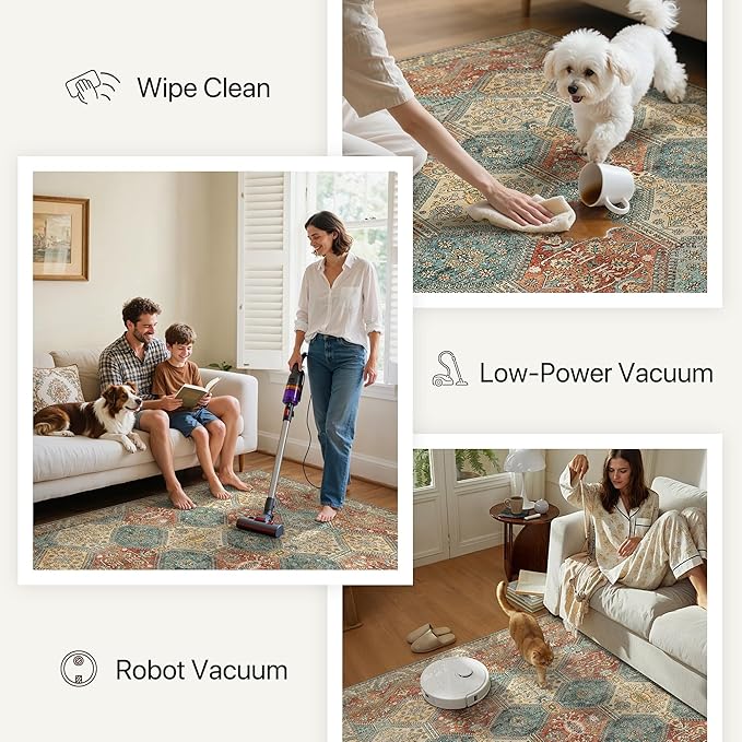 Bavni 3x5 Area Rugs for Living Room, Machine Washable Rug Non Slip, Vintage Chenille Distressed Print Carpet, Large Low Pile Ultra-Thin Lightweight Rugs for Bedroom, Dining Room, Office, Blue/Tan/Red