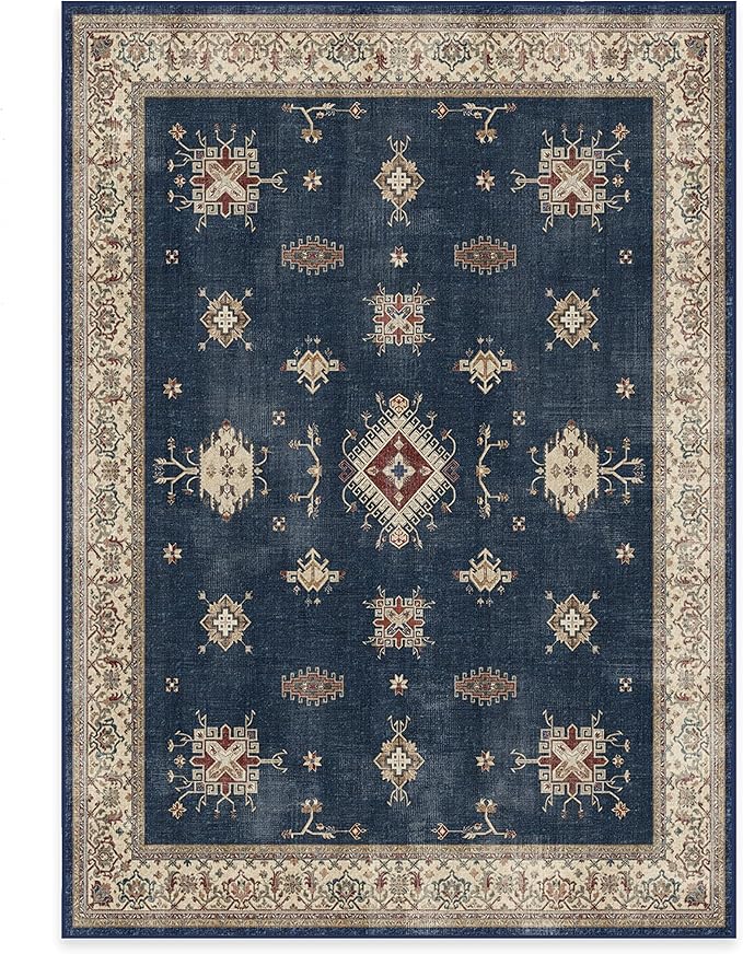 RUGGABLE Washable Vintage Area Rug – Verena Sapphire 5x7, Stain-Resistant, Non-Slip – Medium Machine Washable Rugs for Living Room, Bedroom, Hallway, Entryway & Office–with Standard Pad