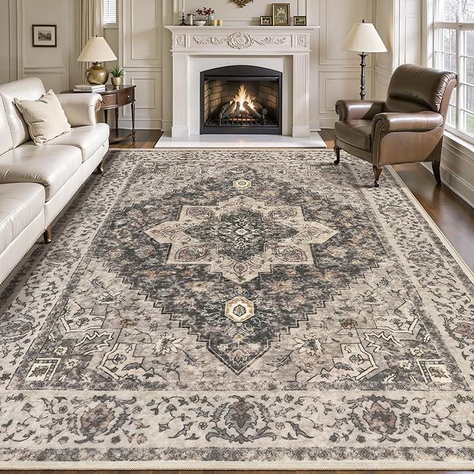 Tangsoo 8x10 Area Rugs for Living Room, 8x10 Washable Rug Vintage Indoor Non Slip Large Area Rugs, Print Distressed Grey Carpet, Soft Low Pile Foldable Floor for Bedroom Dining Room Dorm