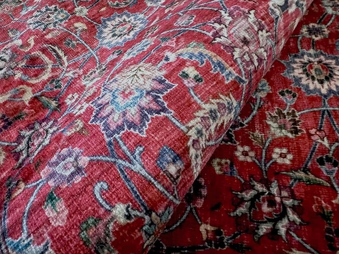 GLN Rugs Traditional Collection - Machine Washable Area Rug, Traditional Washable, Non Slip, Low Pile Chenille Rug, Living Room, Bedroom, Kitchen Rug (5'3" Round Dark Red)