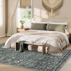 8x10 Washable Rugs for Living Room, Soft Large Rugs Blue Area Rug, Indoor Vintage Carpet for Bedroom Dining Room Office, Rubber Backed Non Slip Low Pile Mat, Deep Blue