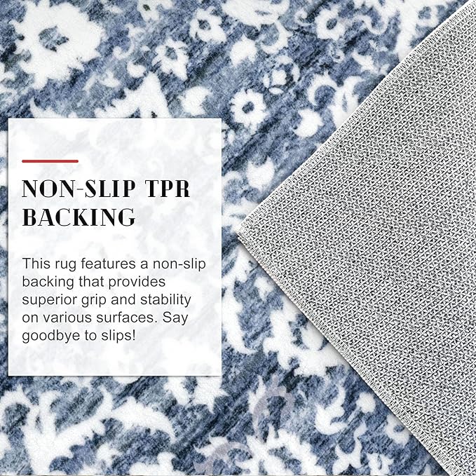 Vintage Floral 2x5 Runner Rug, Light Blue White Washable Kitchen Runner Rug Non-Slip Hallway Rug Runner Super Soft Thin Printed Faux Wool Carpet for Entryway Bedroom Bedside Laundry Room Indoor