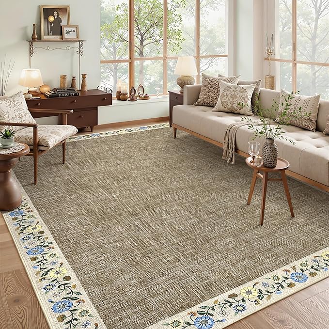 GarveeHome Washable Rugs for Living ROM 8 x 10 Large Area Rug Farmhouse Floral Bordered Bedroom Carpet Indoor Non-Slip Nursery Mat Soft Non Shedding Stain Resistant Carpet for Dining Room, Dark Camel