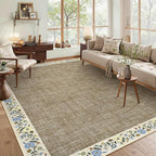 GarveeHome Washable Rugs for Living ROM 8 x 10 Large Area Rug Farmhouse Floral Bordered Bedroom Carpet Indoor Non-Slip Nursery Mat Soft Non Shedding Stain Resistant Carpet for Dining Room, Dark Camel