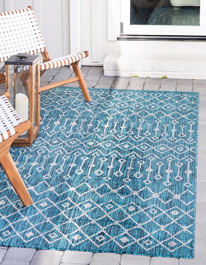 Unique Loom Outdoor Trellis Collection Area Rug - Tribal Trellis (10' x 13' 1" Rectangle, Teal/ Ivory)