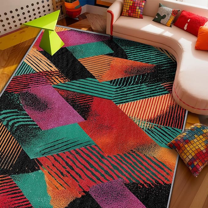 Patchwork Rugs for Bedroom - Colorful Geometric Art Area Rug 5x8, Abstract Retro Aesthetic High Traffic Anti Slip Carpets Home Decor #C034