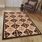 Allstar 5x7 Black Modern Rectangular Accent Rug with Ivory and Mocha Floral Fleur De Lis Diamond Design (5' x 7')