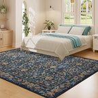 DUKINO 5x7 Area Rugs, Floral Washable Rugs for Bedroom with Non Slip Backing, Vintage Low Pile Indoor Floor Carpets for Bedroom, Living Room, Farmhouse, Home Office, Dining Room, Dark Blue