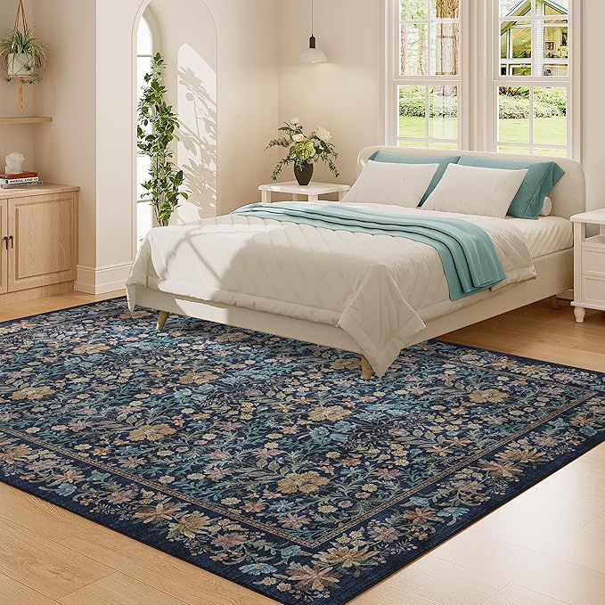 DUKINO 5x7 Area Rugs, Floral Washable Rugs for Bedroom with Non Slip Backing, Vintage Low Pile Indoor Floor Carpets for Bedroom, Living Room, Farmhouse, Home Office, Dining Room, Dark Blue
