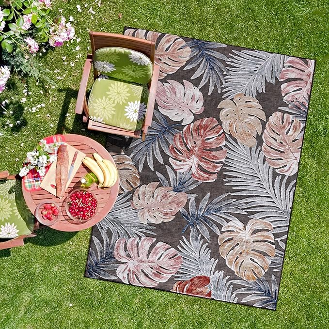 CAMILSON Indoor Outdoor Rug, Brown 10’x14’ Leaf Tropical Botanical Area Rugs for Indoor and Outdoor patios, Easy-Cleaning Non-Shedding Living Room, Garden and Kitchen Washable Outside Carpet (10x14)
