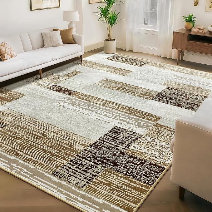 Large Area Rugs,Modern Geometric Patchwork Floor Decor for Bedroom Aesthetic Carpet, Rockwood Collection, Indoor Rugs for Living Room, Dining Room, Nursery, Office, Machine Washable Rug,8x10 Ft Beige