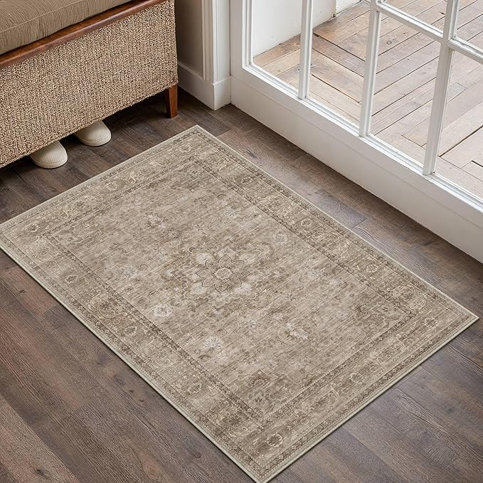 HUGEAR Washable 2x3 Entryway Area Rugs Retro Brown Small Vintage Distressed Non Slip Stain Resistant Low Pile Neutral Throw Carpet for Bedside Kitchen Entryway Home Decor