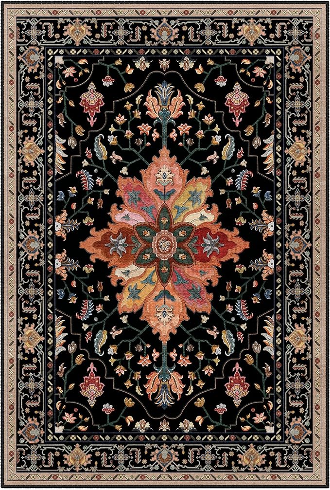 Area Rugs 3'x12' Washable Non-Slip, Floral Vintage Distress Print Pattern Medallion Carpet for Living Room Bedroom Dining Room, Black Colorful Floral Dark Tan