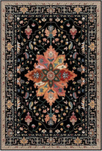 Area Rugs 3'x8' Washable Non-Slip, Floral Vintage Distress Print Pattern Medallion Carpet for Living Room Bedroom Dining Room, Black Colorful Floral Dark Tan