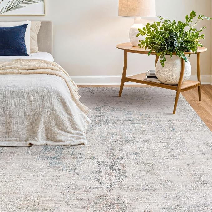 Light Blue Area Rugs for Living Room - 7x10 Washable Modern Abstract Rug for Bedroom, Dining Room Under Table, Home Office, Soft Washable & Stain Resistance (Dusty Blue)