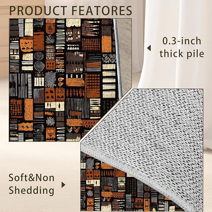 African Style Brown Orange Area Rug for Living Room, Non-Slip Backing Low Pile Modern Abstract Rug for Indoor Use, 5x7 Washable Carpet
