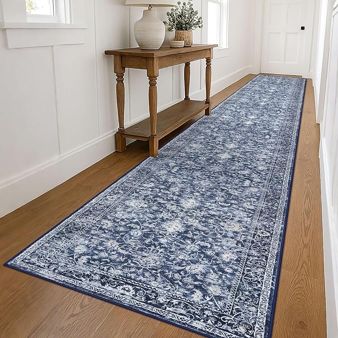 KILOCOCO Hallway Runner 3x18 Rug Runner Printed Vintage Floral Washable Kitchen Runners Non-Slip Rubber Backed Runners for Hallways Laundry Room Distressed Boho Rugs for Bedroom, Blue