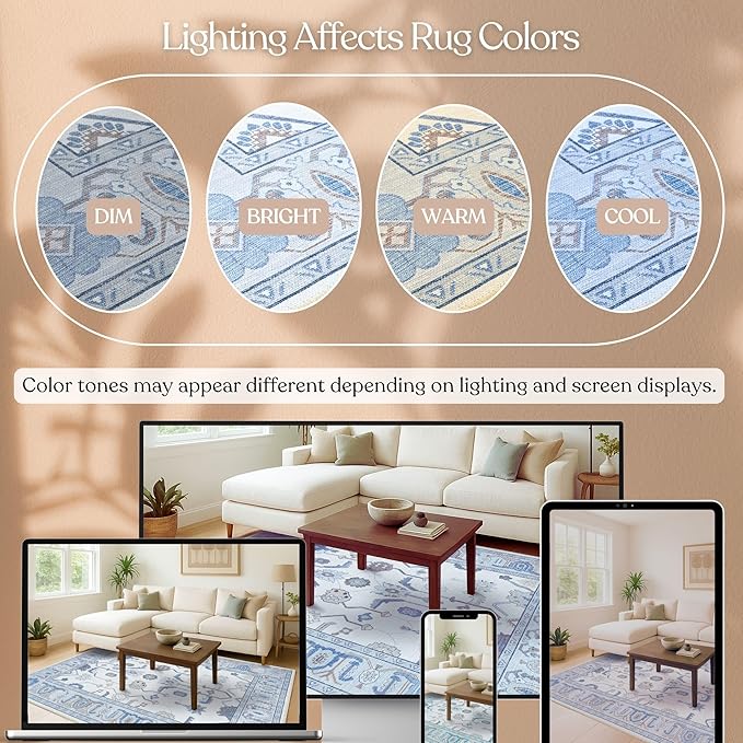 Fame Living Cream Blue Oushak Rug, Modern, Vintage, Turkish, Eclectic, Floral, Pastel, Washable, Area Rugs for Living Room, Dining, Bedroom, Office, Entryway, Foyer, Playroom, Nursery, 5'x6'9"