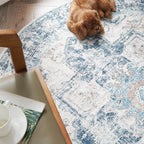 jinchan Kelda Round Rug 4ft Washable Area Rug Indoor Vintage Floor Cover Distressed Circle Mat 4' Round Lightweight Non Slip Low Pile Thin Carpet for Entryway Kitchen Living Room Bedroom Blue
