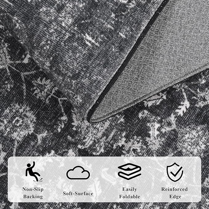 Washable Area Rug 5x7 Black Rugs for Living Room, Vintage Boho Large Rug for Bedroom Dining Room Office, Distressed Floral Print Carpet for Under Table, Soft Non Slip Low Pile Throw Carpet Indoor Mat