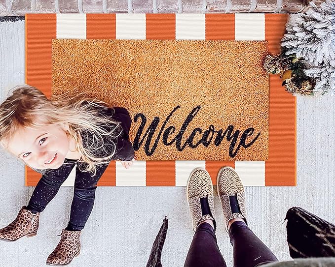 KOZYFLY Orange and White Striped Rug Doormat 2x3 Ft Halloween Fall Cotton Woven Washable Indoor Outdoor Rugs for Layered Door Mats Porch/Kitchen/Farmhouse