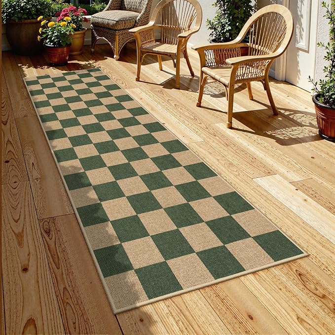 Lahome Checkered Outdoor Runner Rug, 2x8 Green Kitchen Runner Rugs for Non Skid Washable Entryway Carpet, Checkerboard Non Slip Non Shedding Carpet for Bedroom
