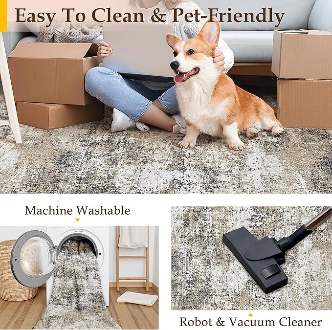 4x6 Abstract Area Rug Brown Washable Modern Neutral Office Carpet Non Slip Ultra Soft Indoor Entry Low Pile Small Door Mat Bedroom Contemporary Throw Rug for Kitchen Laundry Dinging Room