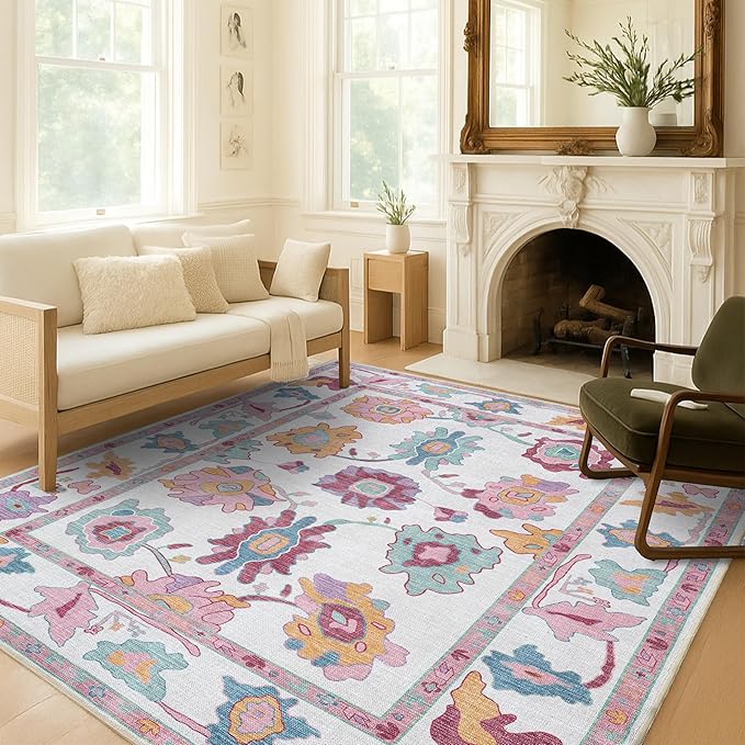 Fame Living Pink Oushak Rug, Modern Small Rugs, Vintage, Turkish, Eclectic, Floral, Pastel, Washable, Door mat, Doormat for Indoor Entrance, Entryway, Kitchen, Bathroom, Bedroom, Laundry, 2'x3'