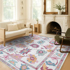 Fame Living Pink Oushak Rug, Modern, Vintage, Turkish, Eclectic, Floral, Pastel, Washable, Area Rugs for Living Room, Dining, Bedroom, Office, Entryway, Foyer, Playroom, Nursery, 5'x6'9"