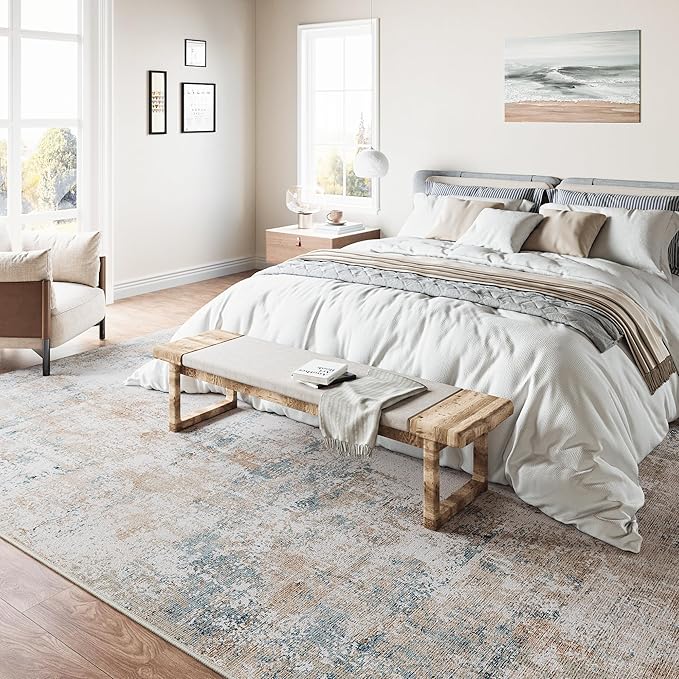 8x10 Washable Area Rug Beige Blue Abstract Living Room Bedroom Carpet Neutral Modern Non Slip Soft Low Pile Large Throw Rug for Dining Room Kitchen Office