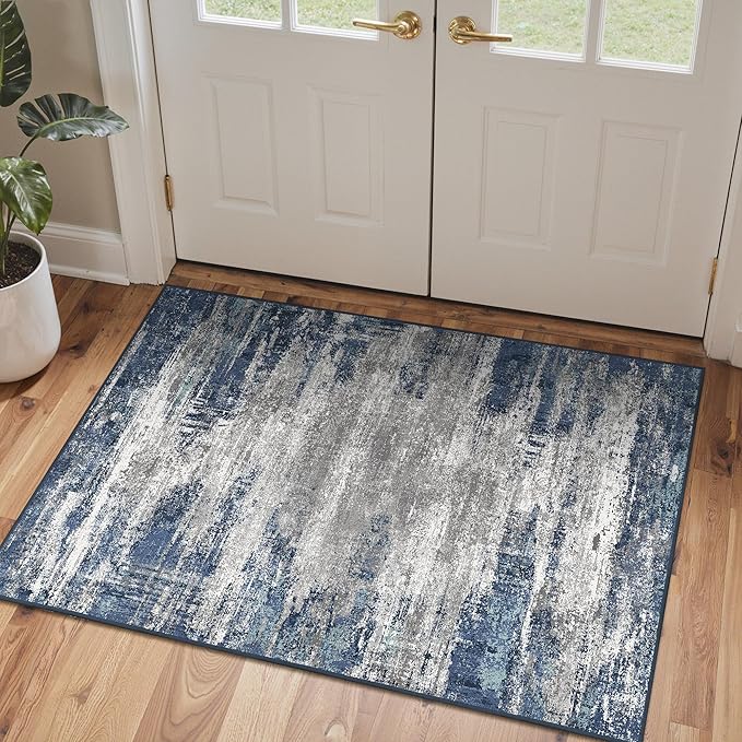 Bavni Washable Area Rug, Soft Abstract Rugs Non-Slip, Thin Foldable 3x5 Rug, Modern Stain Resistant Rug for Living Room, Kitchen, Bedroom, Blue/Ivory