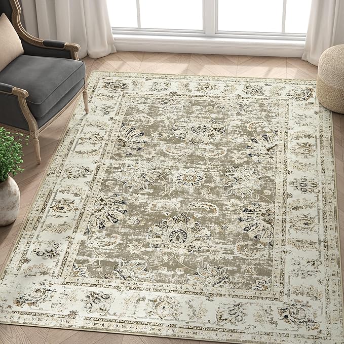 jinchan Fiora Washable Area Rug 5x7 Ultra-Thin Low Pile Non Slip Stain Resistant Soft Faux Wool Floral Distressed Vintage Carpet for Bedroom, Living Room, Dining Room, Kitchen, Nursery(Taupe, 5' x 7')