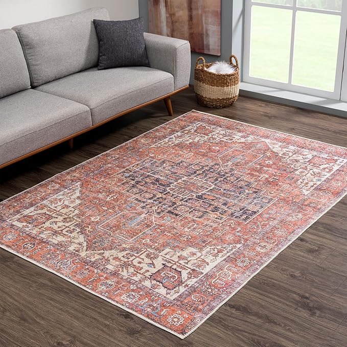 Bloom Rugs Washable 4' x 6' Rug - Red/Orange/Beige Traditional Area Rug for Living Room, Bedroom, Dining Room, and Kitchen - Exact Size: 4' x 6'