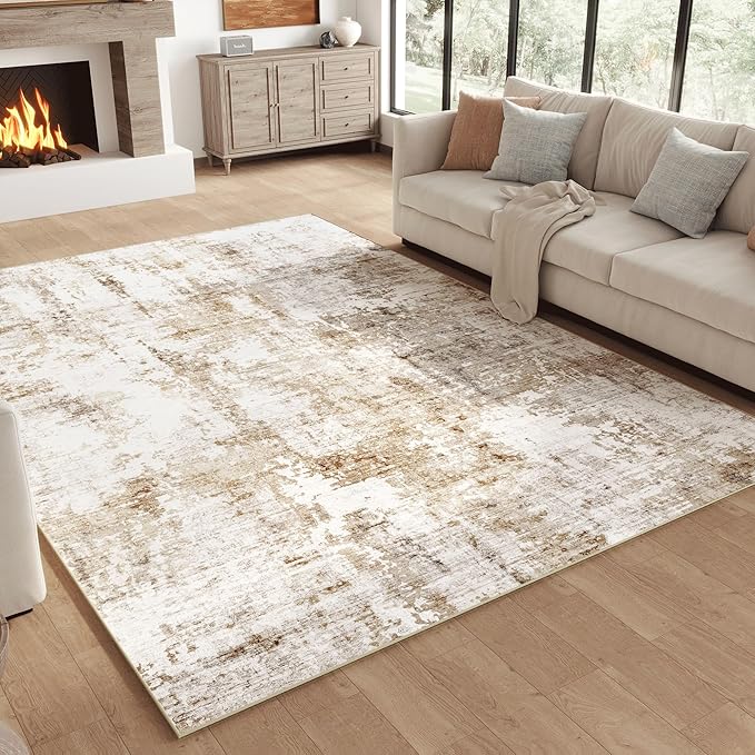 FMFUNCTEX 4x6 Washable Area Rug Abstract Modern Neutral Brown Grey Non Slip Soft Low Pile Thin Accent Entryway Entrance Indoor Carpet for Living Room Bedroom Dining Office Nursery Bedside, Grey Gold