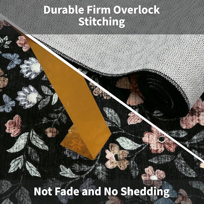 GarveeHome Floral Rug 4 x 6, Non-Shedding Indoor Foldable Printed Rug for Bedroom Kitchen, Non-Slip Soft Vintage Throw Low Pile Farmhouse Washable Carpet, Black