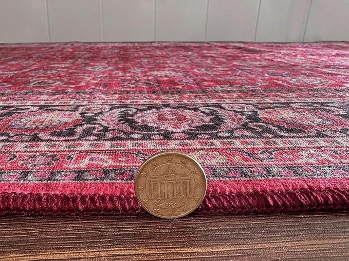 GLN Rugs Traditional Collection - Machine Washable Area Rug, Traditional Washable, Non Slip, Low Pile Chenille Rug, Living Room, Bedroom, Kitchen Rug (2'6" x 10' Dark Red)