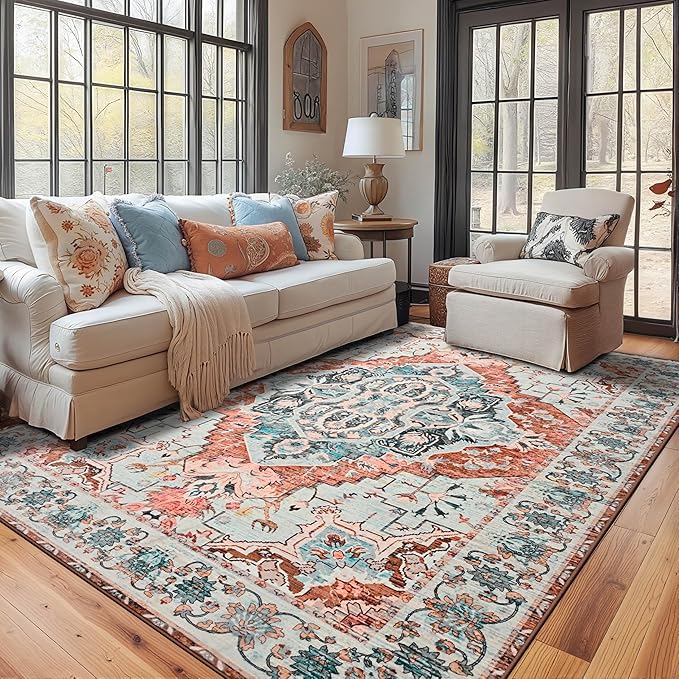 YJ.GWL Area Rugs for Living Room 4x6 Machine Washable Rugs for Bedroom, Non Slip Floral Vintage Rug Indoor Carpet, Stain Resistant Throw Rug for Dining Room Kitchen, Copper Tan