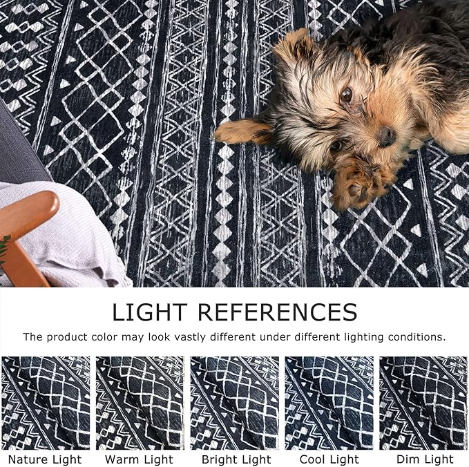 KUTA Area Rug 5x7 Black, Washable Boho Large Living Room Moroccan Rugs Non-Slip, Ultra Soft Geometric Traditional Farmhouse Carpet for Dining Room Bedroom Dorm Office Home Décor