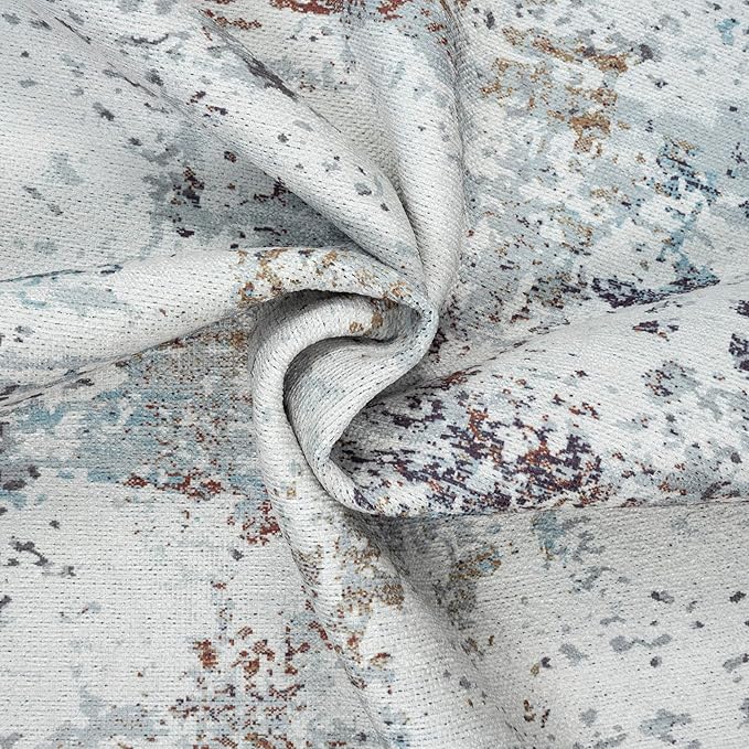 GLN Rugs Contemporary Collection - Machine Washable Area Rug, Contemporary Washable, Non Slip, Low Pile Chenille Rug, Living Room, Bedroom, Kitchen Rug (6' x 9' White/Grey/Blue/Brown)