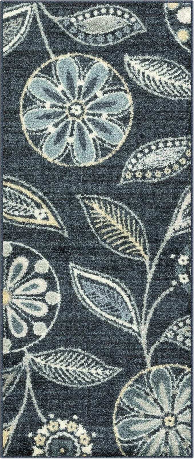 Maples Rugs Reggie Floral Runner Rug - Made in USA - Washable, Non Slip Indoor Carpet for Kitchen, Hallway, and Laundry Room, 4' x 1'8, Persian Blue