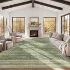 HelloTree Washable Rugs 8x10 Area Rug for Living Room, Vintage Boho Green Rug Non Slip Carpet Retro Accent Indoor Mat Print Distressed Low Pile Throw Large Rug for Office Dining Room Bedside-Green