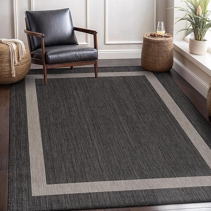 CAMILSON Outdoor Rug 5x7,Modern Outside Rugs for Patios Porches Waterproof Durable Washable Non-Shedding, Easy-to-Clean Indoor Outdoor Area Carpet (5 x 7, Bordered - Dark Gray/Light Gray)