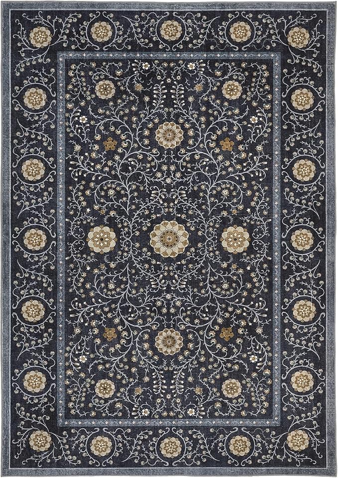 GarveeHome Boho 6x9 Area Rug for Living Room, Floral Vintage Rugs for Bedroom with Soft Low Pile, Non Slip Stain Resistant Botanical Washable Rug 6x9 for Dining Room Blue Carpet for Dorm Office