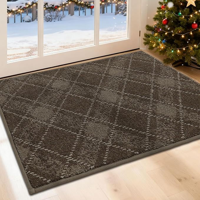 COSY HOMEER Plaid Door Mat 24" x 36",Dirt Trapper Entryway Rugs,Non-Slip Washable Farmhouse Doormat,Low Profile Welcome Mats for Paws Brown