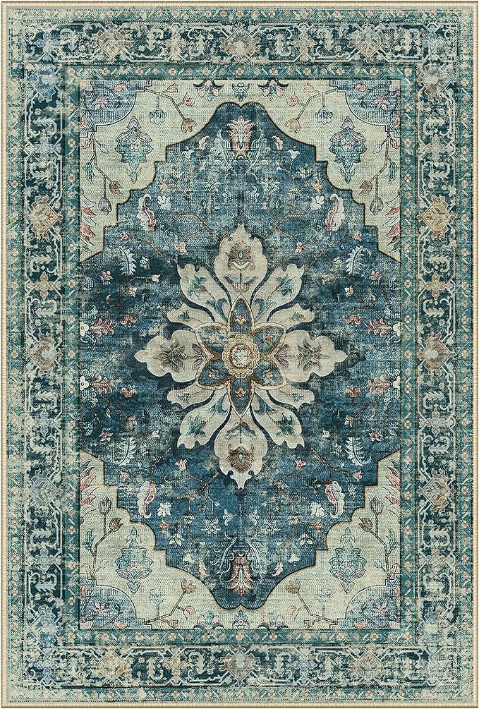 Area Rugs 2'6''x14' Washable Non-Slip, Floral Vintage Distress Print Pattern Medallion Carpet for Living Room Bedroom Dining Room, Dark Blue Vintage