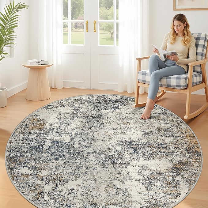 8ft Washable Round Rug - 8x8 Area Rugs Modern Abstract Rugs for Living Room Non-Slip Low Pile Soft Machine Washable Carpet for Bedroom, Living Room, Dining Room, Nursery, Farmhouse (8'x8' Tan Blue)