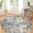 6ft Washable Round Rug - 6x6 Area Rugs Modern Abstract Rugs for Living Room Non-Slip Low Pile Soft Machine Washable Carpet for Bedroom, Living Room, Dining Room, Nursery, Farmhouse (6'x6' Tan Blue)