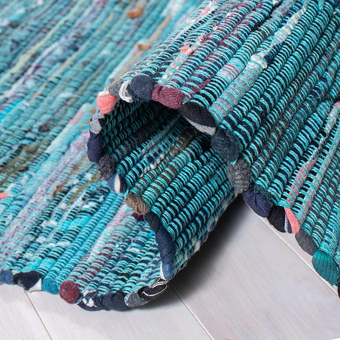 SAFAVIEH Rag Rug Collection Area Rug - 10' x 14', Blue & Multi, Handmade Boho Stripe Cotton, Ideal for High Traffic Areas in Living Room, Bedroom (RAR121B)