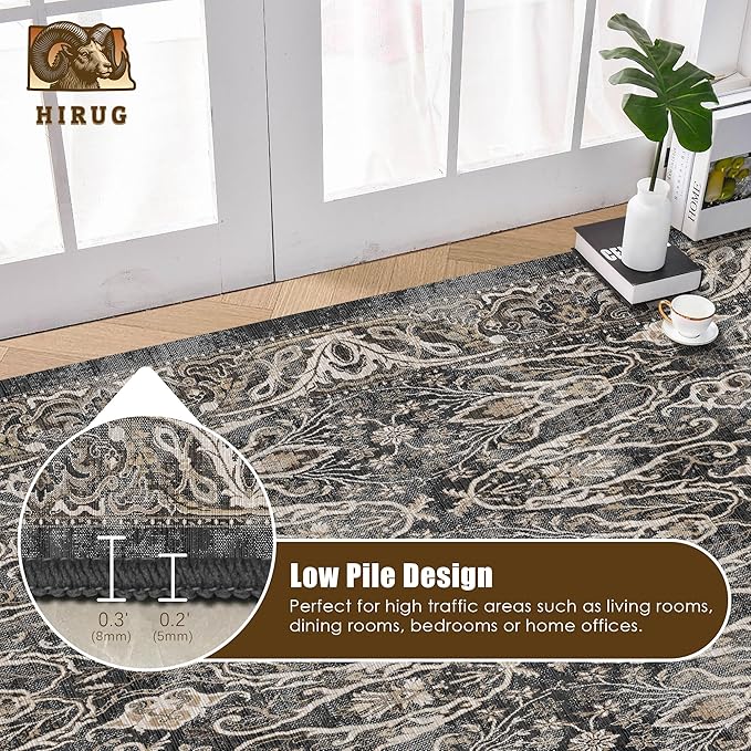 Washable Area Rug 5' x 7' Vintage Traditional Persian Mat - Foldable Distressed Non-Slip Machine Washable Carpet for Living Room Bedroom Kitchen Home Decor - Ebony and Taupe